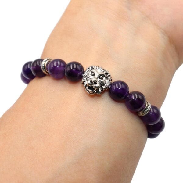 Pulsera Amatista Con Dije Leon Plata Tibetana