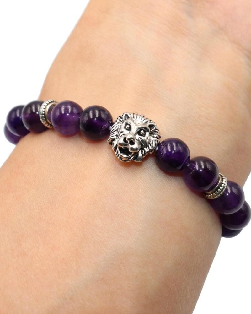 Pulsera Amatista Con Dije Leon Plata Tibetana