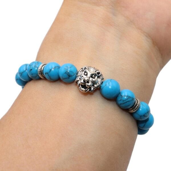 Pulsera Turquesa Con Dije Leon Plata Tibetana