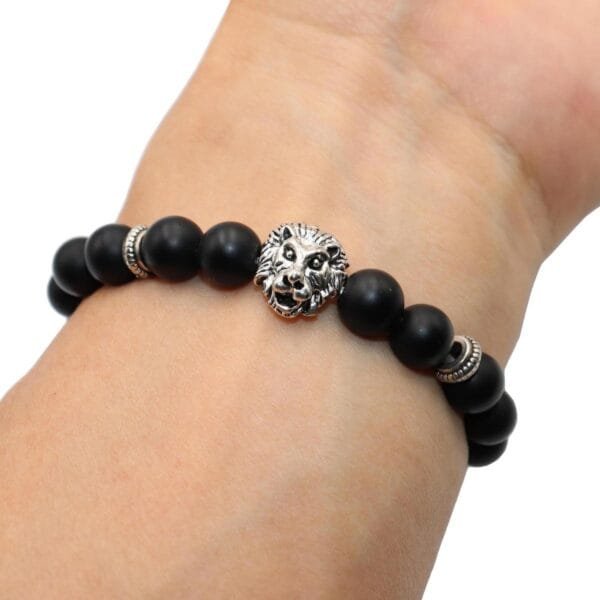 Pulsera Onix Mate Dije Leon Plata Tibetana