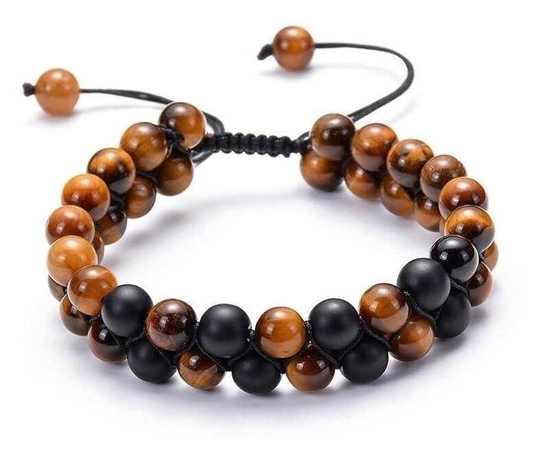 Pulsera Ojo De Tigre Onix Mate Macrame Doble