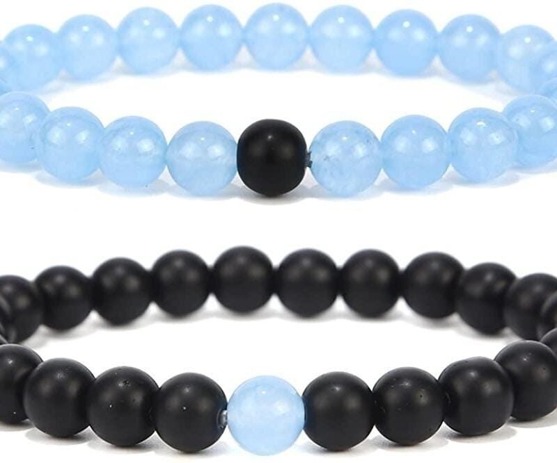 Pulseras Para Pareja Ágata Aguamarina y Onix Mate