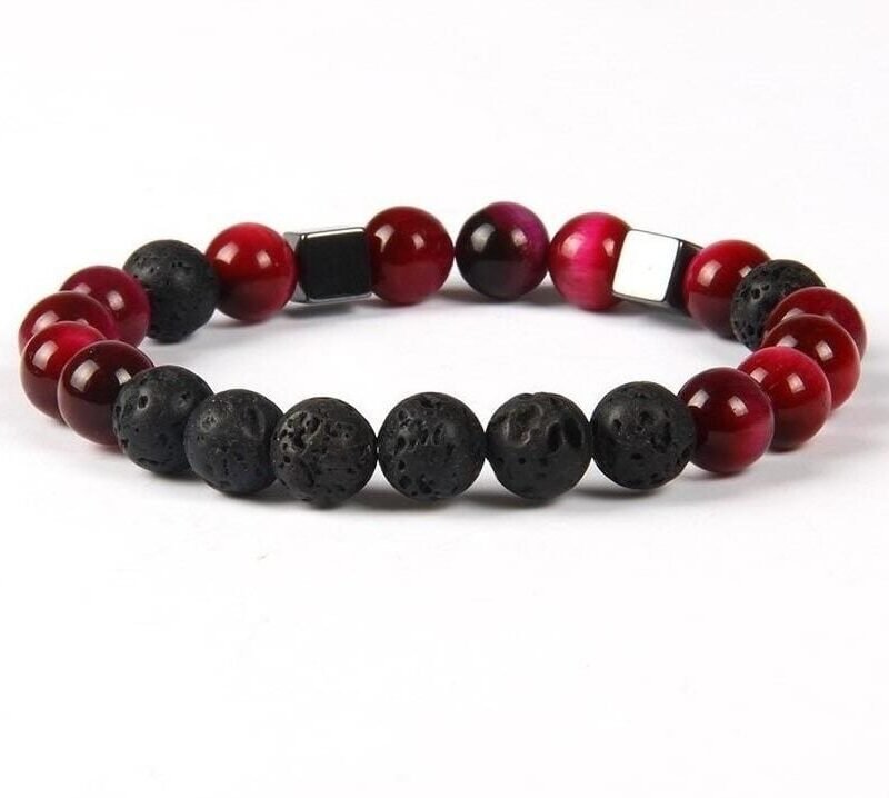 Pulsera Piedra Natural Ojo De Tigre Fucsia 8mm Lava Y Ferrita