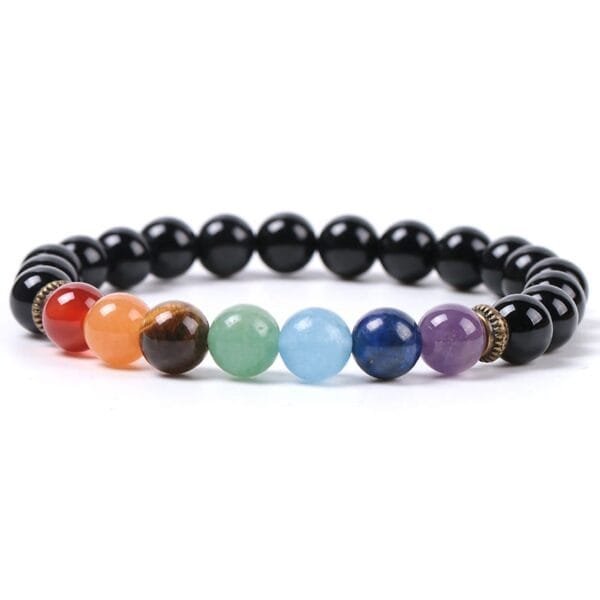 Pulsera 7 Chakras Ónix Negro Separador Dorado