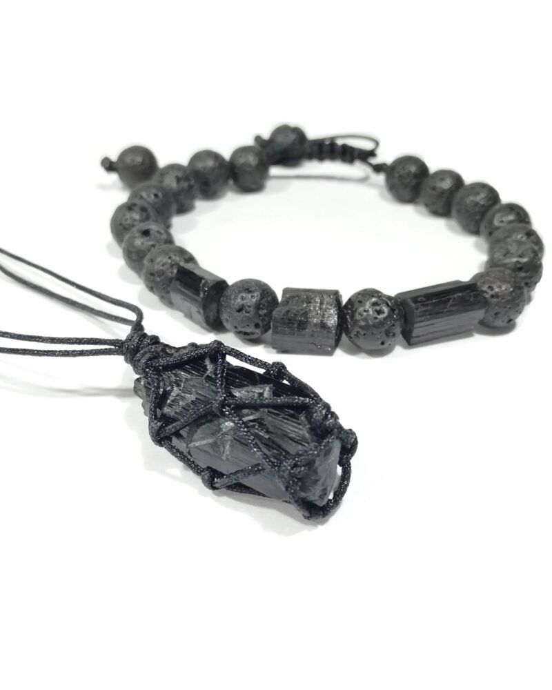 Set Pulsera + Collar Turmalina Negra Macrame