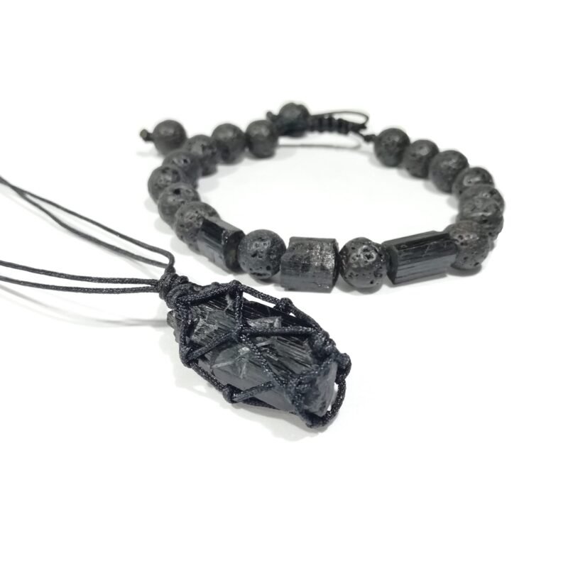 Set Pulsera + Collar Turmalina Negra Macrame