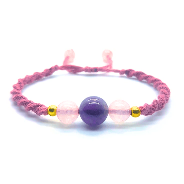 Pulsera Cuarzo Rosa Con Amatista Central 10mm