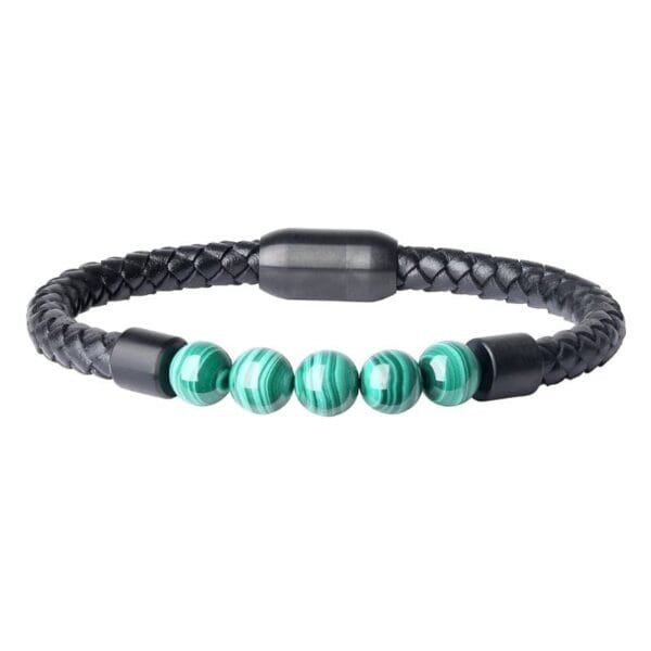 Pulsera en cuero con malaquita y cierre magnetico