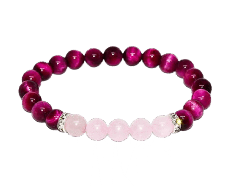 Pulsera Ojo De Tigre Fucsia  y Cuarzo Rosa