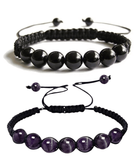 Set de pulseras de Turmalina Negra y Amatista piedras naturales.