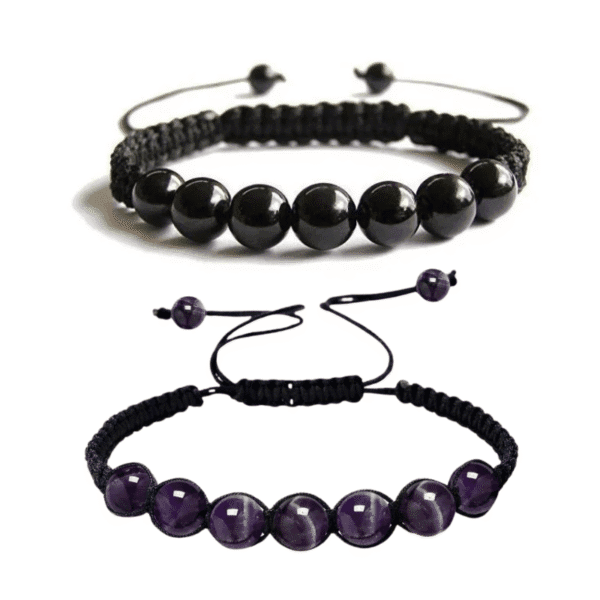 Set de pulseras de Turmalina Negra y Amatista piedras naturales.