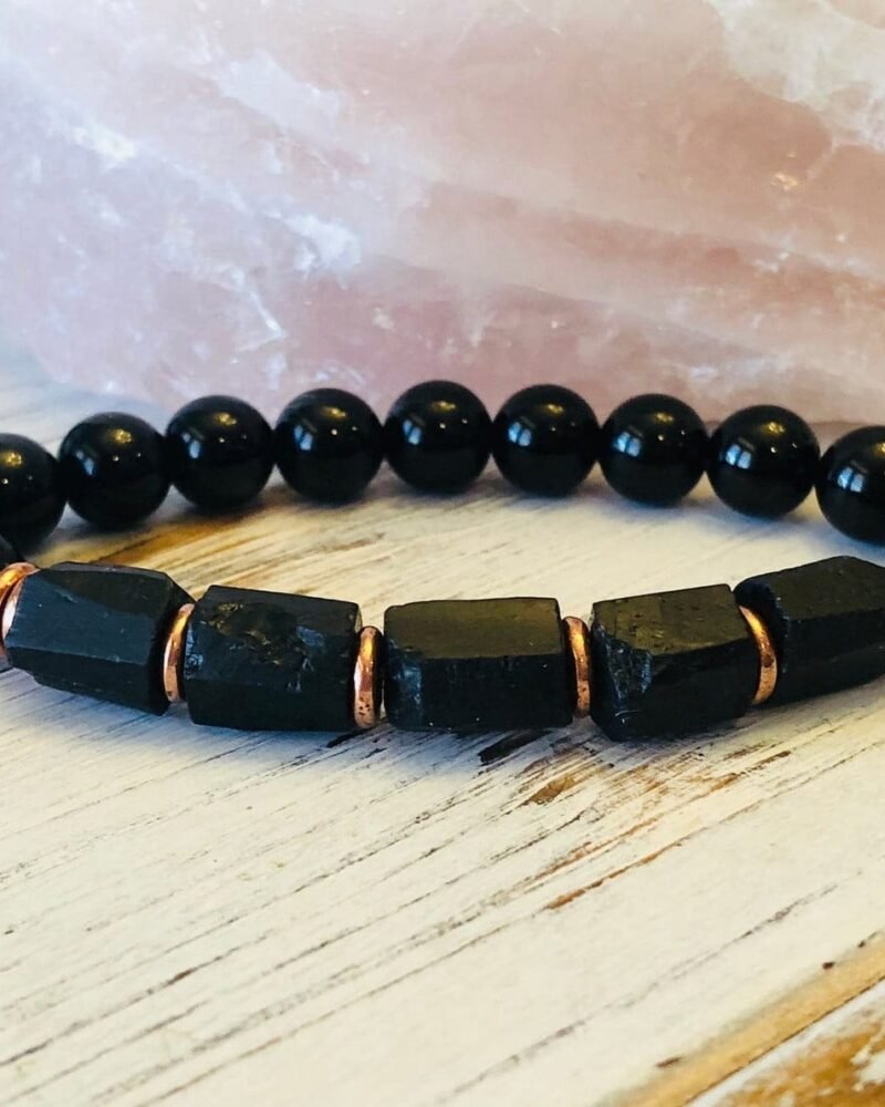 Pulsera Protección - Turmalina Negra En Bruto Y Pulida 8mm