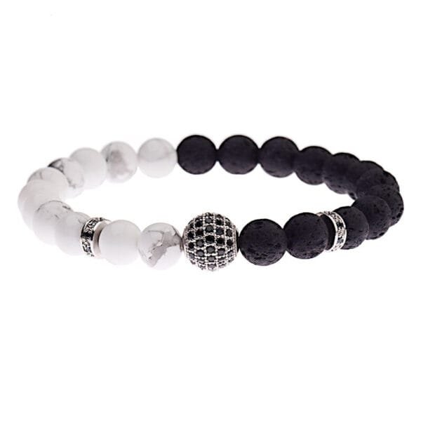 Pulsera Yin Yang Howlita Volcánica Esfera Rodio