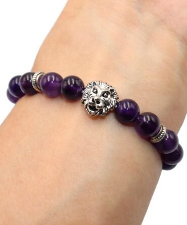 Pulsera Amatista Con Dije Leon Plata Tibetana