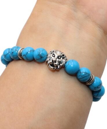 Pulsera Turquesa Con Dije Leon Plata Tibetana