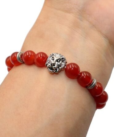 Pulsera Cornalina Dije Leon Plata Tibetana