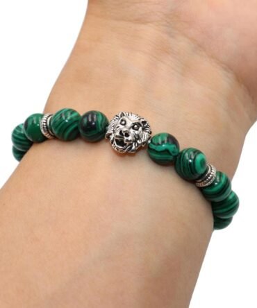 Pulsera Malaquita Dije Leon Plata Tibetana