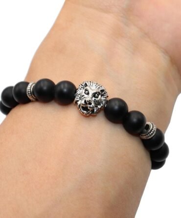 Pulsera Onix Mate Dije Leon Plata Tibetana