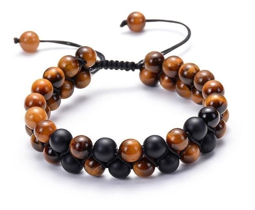 Pulsera Ojo De Tigre Onix Mate Macrame Doble