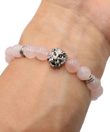 Pulsera Cuarzo Rosa Dije Leon Plata Tibetana