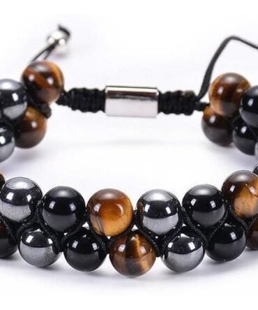Pulsera Turmalina Ojo De Tigre y Hematite Macramé Doble