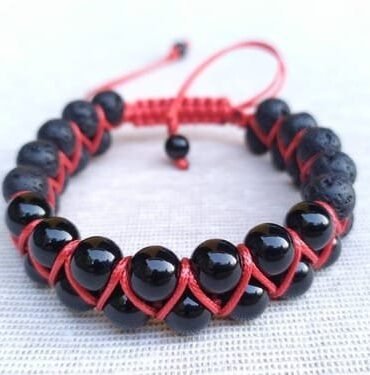 Pulsera Doble Turmalina Negra Volcánica Hilo Rojo
