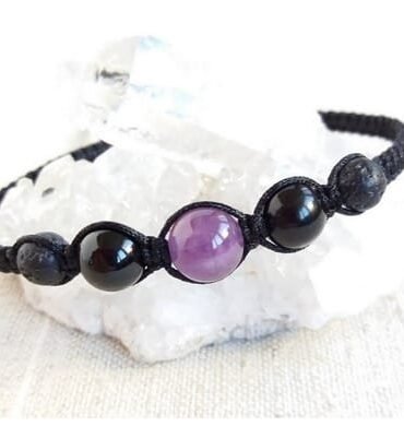 Pulsera Centro Amatista con Ónix y Volcánica Tejido