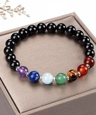 Pulsera 7 Chakras Obsidiana Negra Separadores Plateados