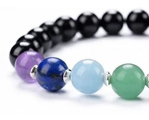 Pulsera 7 Chakras Obsidiana Negra Separadores Plateados - Image 2