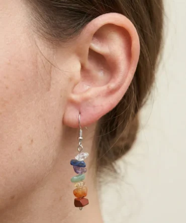 Aretes de plata con chips de piedras naturales, armonía visual y energía sutil. Un diseño simbólico de presencia serena.