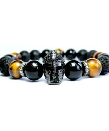 Pulsera Turmalina Ojo De Tigre Piedra Mate Lava y Espartano Rodio