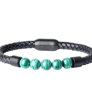 Pulsera en cuero con malaquita y cierre magnetico
